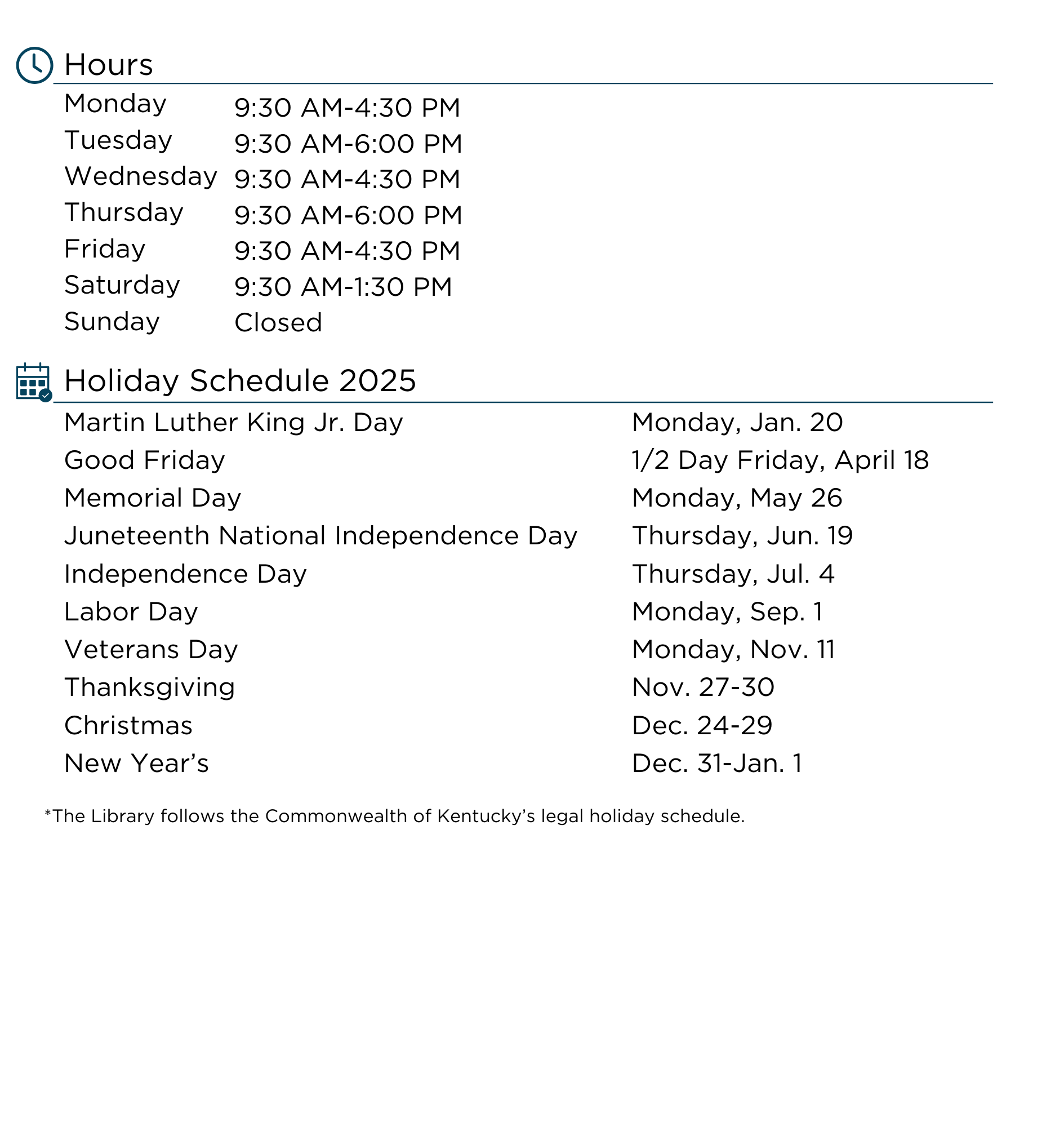 hours and holidays 2025