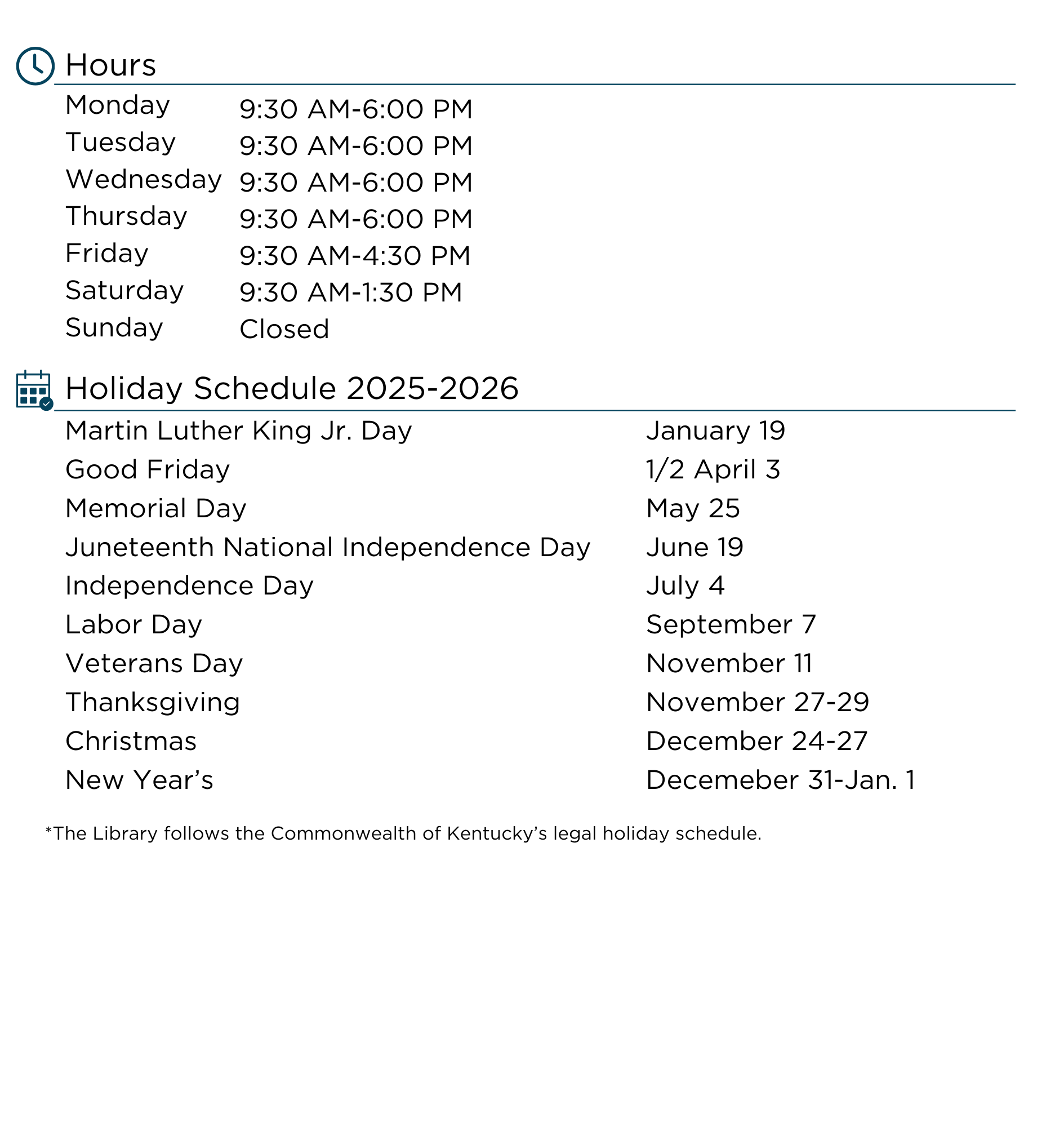hours and holidays 2025 2026